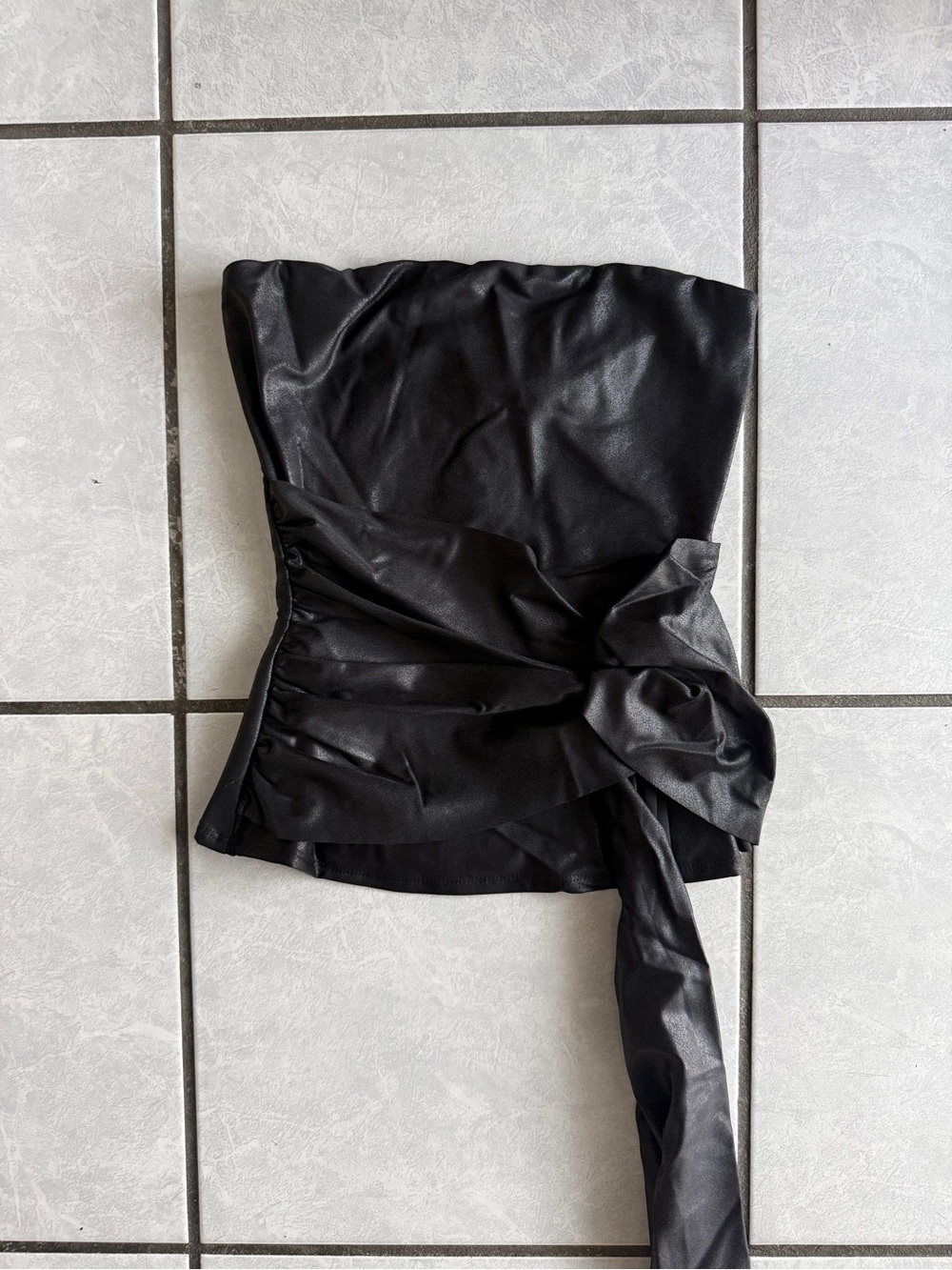 Black Strapless Faux Leather Bustier Top with Draping
